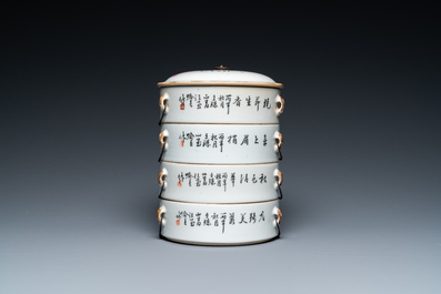 A Chinese qianjiang cai four-tier stacking box, signed Yu Chun 喻春, dated 1907