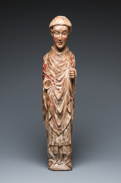 Grand saint en bois sculpt&eacute; et polychrom&eacute;, Espagne ou Italie, 14&egrave;me
