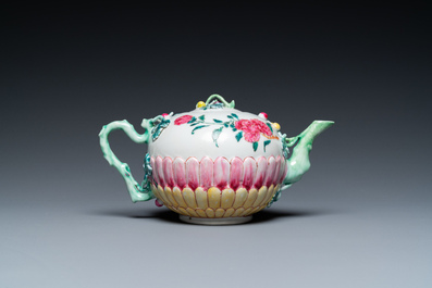 A Chinese famille rose 'lotus' teapot and cover, Yongzheng
