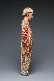 Grand saint en bois sculpt&eacute; et polychrom&eacute;, Espagne ou Italie, 14&egrave;me