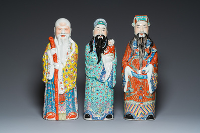 Three Chinese famille rose figures of star gods, Mao Ji Sheng Zao 茂記生造 mark, 19/20th C.