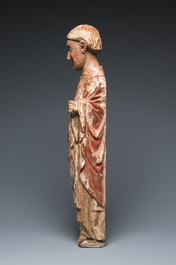 Grand saint en bois sculpt&eacute; et polychrom&eacute;, Espagne ou Italie, 14&egrave;me