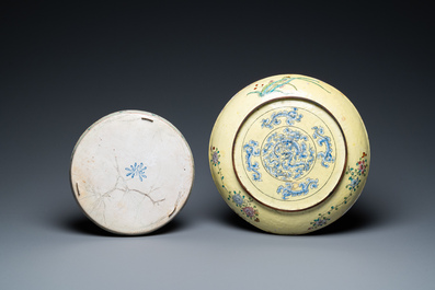 A Chinese Canton enamel dish with a European tea scene and one with ladies and boys, 18/19th C.