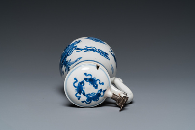 A Chinese silver-mounted blue and white mustard jar and cover, Kangxi