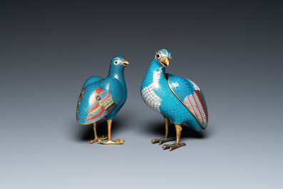 Two Chinese cloisonn&eacute; quail-form boxes and covers, Qing