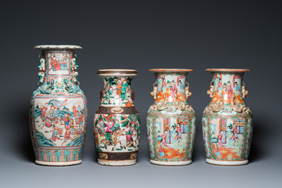 A pair of Chinese Canton famille rose vases, one with a court scene and one with a warrior scene, 19th C.