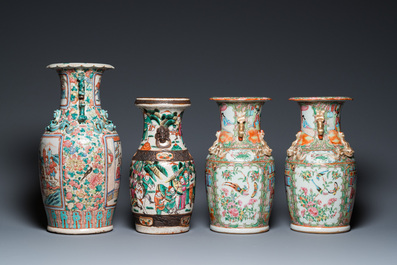 A pair of Chinese Canton famille rose vases, one with a court scene and one with a warrior scene, 19th C.