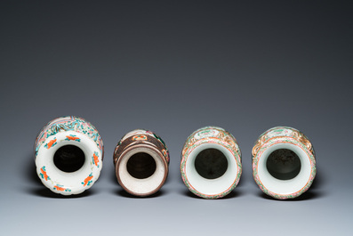 Een paar Chinese Canton famille rose vazen, een vaas met hofsc&egrave;ne en een Nanking vaas met strijders, 19e eeuw