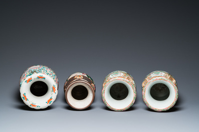 A pair of Chinese Canton famille rose vases, one with a court scene and one with a warrior scene, 19th C.