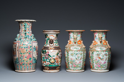 A pair of Chinese Canton famille rose vases, one with a court scene and one with a warrior scene, 19th C.