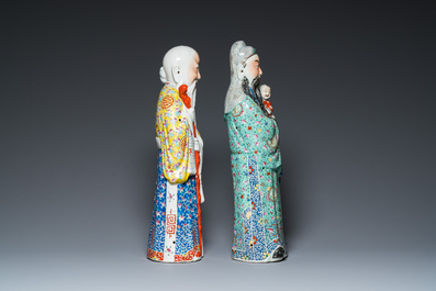 Deux figures de Dieux d'Etoiles en porcelaine de Chine famille rose, marque de Mao Ji Sheng Zao 茂記生造, 19/20&egrave;me