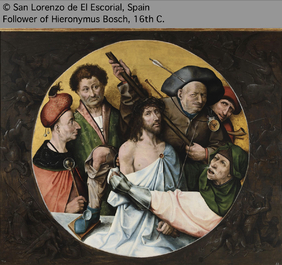 Suiveur de J&eacute;r&ocirc;me Bosch (ca. 1450&ndash;1516): Le Christ moqu&eacute; (Le Couronnement d'&eacute;pines), huile sur panneau