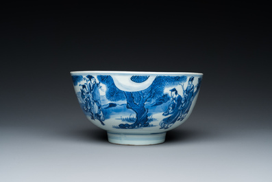 A Chinese blue and white 'immortals' bowl, Shen De Tang Bo Gu Zhi 慎德堂博古製 mark, Kangxi