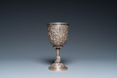 A Chinese silver monogrammed goblet and an octagonal tripod dish, 19/20th C.