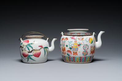 Two Chinese famille rose teapots and four small plates, 19th C.