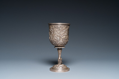 A Chinese silver monogrammed goblet and an octagonal tripod dish, 19/20th C.