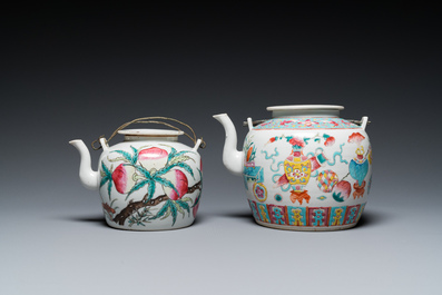 Two Chinese famille rose teapots and four small plates, 19th C.