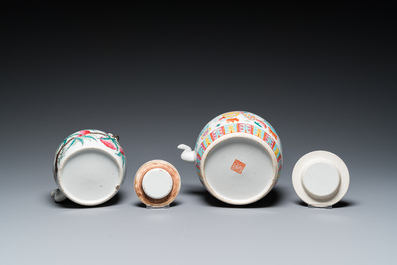 Two Chinese famille rose teapots and four small plates, 19th C.