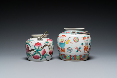 Two Chinese famille rose teapots and four small plates, 19th C.