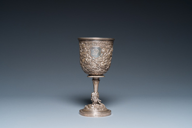 A Chinese silver monogrammed goblet and an octagonal tripod dish, 19/20th C.