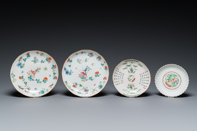 Two Chinese famille rose teapots and four small plates, 19th C.