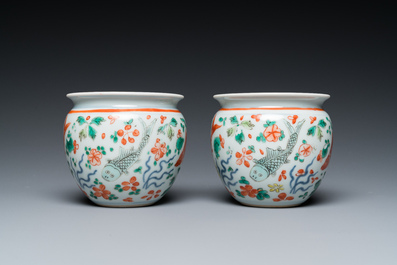 A pair of small Chinese wucai 'carps' jardini&egrave;res, 19th C.