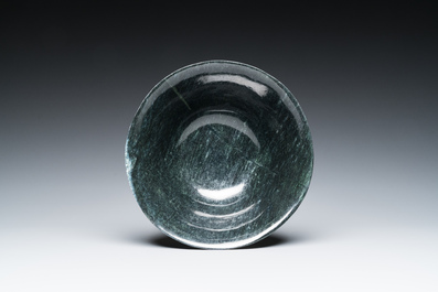 A Chinese dark moss green jade bowl, Qing