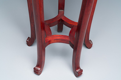 A pair of tall Chinese wooden stands with marble tops, Republic