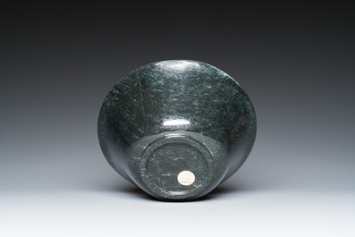 A Chinese dark moss green jade bowl, Qing