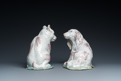 Two Brussels faience sculptures of a cat and a dog, probably Mombaers workshop, 2nd half 18th C.