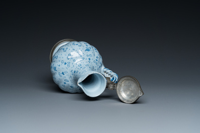 A German blue and white pewter-mounted twisted ewer, Frankfurt, 17th C.