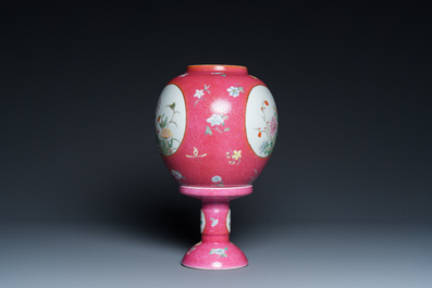 A Chinese famille rose pink sgraffito-ground lantern on stand, Republic