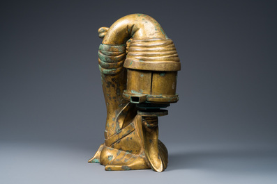 A large Chinese gilt bronze oil lamp in the shape of a kneeling figure, after a Han Dynasty example