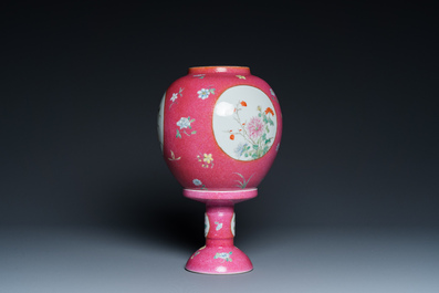 A Chinese famille rose pink sgraffito-ground lantern on stand, Republic