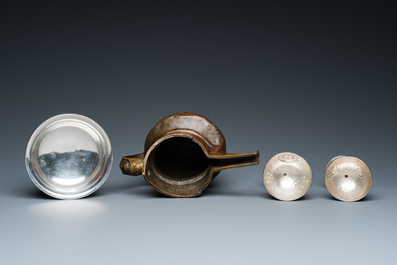 Two Tibetan silver stem bowls, a silvered bowl and a copper 'sengmaohu' ewer, 17/19th C.