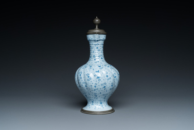 A German blue and white pewter-mounted twisted ewer, Frankfurt, 17th C.