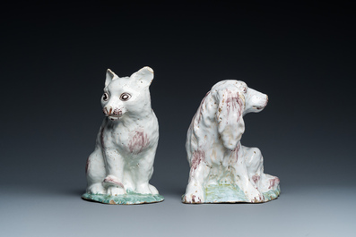 Two Brussels faience sculptures of a cat and a dog, probably Mombaers workshop, 2nd half 18th C.