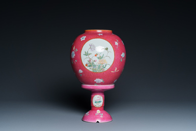 A Chinese famille rose pink sgraffito-ground lantern on stand, Republic