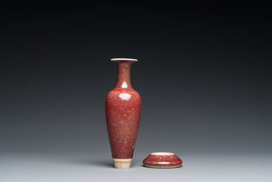 A Chinese monochrome copper-red box, a peachbloom-glazed vase on stand and a brush washer, Kangxi and Yongzheng marks, 19/20th C.