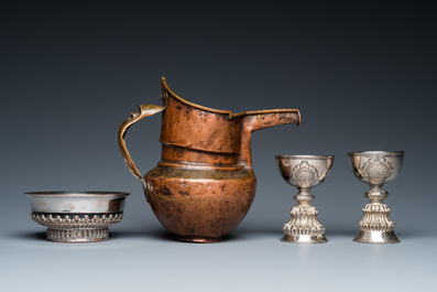 Two Tibetan silver stem bowls, a silvered bowl and a copper 'sengmaohu' ewer, 17/19th C.