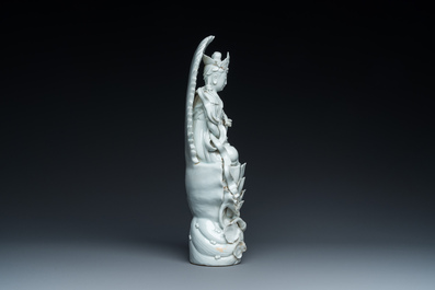 A Chinese Dehua blanc de Chine sculpture of Guanyin on a lotus throne, 19/20th C.