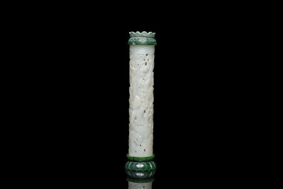 A Chinese white jade parfumier with spinach green jade cover and base, Qing