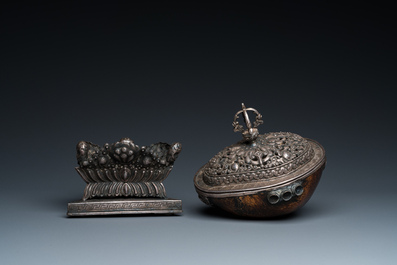 A Tibetan ritual silver-, coral- and turquoise-mounted 'kapala' or skull-bowl, 19th C.