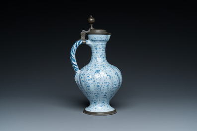 A German blue and white pewter-mounted twisted ewer, Frankfurt, 17th C.