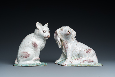 Two Brussels faience sculptures of a cat and a dog, probably Mombaers workshop, 2nd half 18th C.