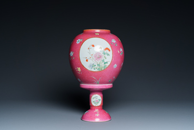 A Chinese famille rose pink sgraffito-ground lantern on stand, Republic