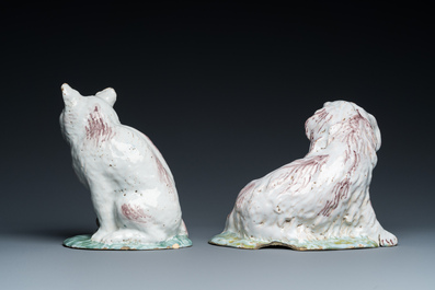 Two Brussels faience sculptures of a cat and a dog, probably Mombaers workshop, 2nd half 18th C.