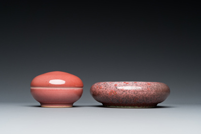 A Chinese monochrome copper-red box, a peachbloom-glazed vase on stand and a brush washer, Kangxi and Yongzheng marks, 19/20th C.