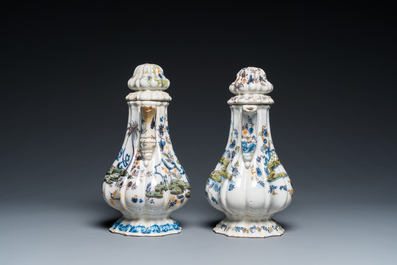 Two polychrome Italian fa&iuml;ence coffee pots and covers, Pesaro, 18th C.