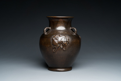 An extremely rare Chinese inlaid relief-modelled bronze 'hu' vase, Xuande mark, late Ming